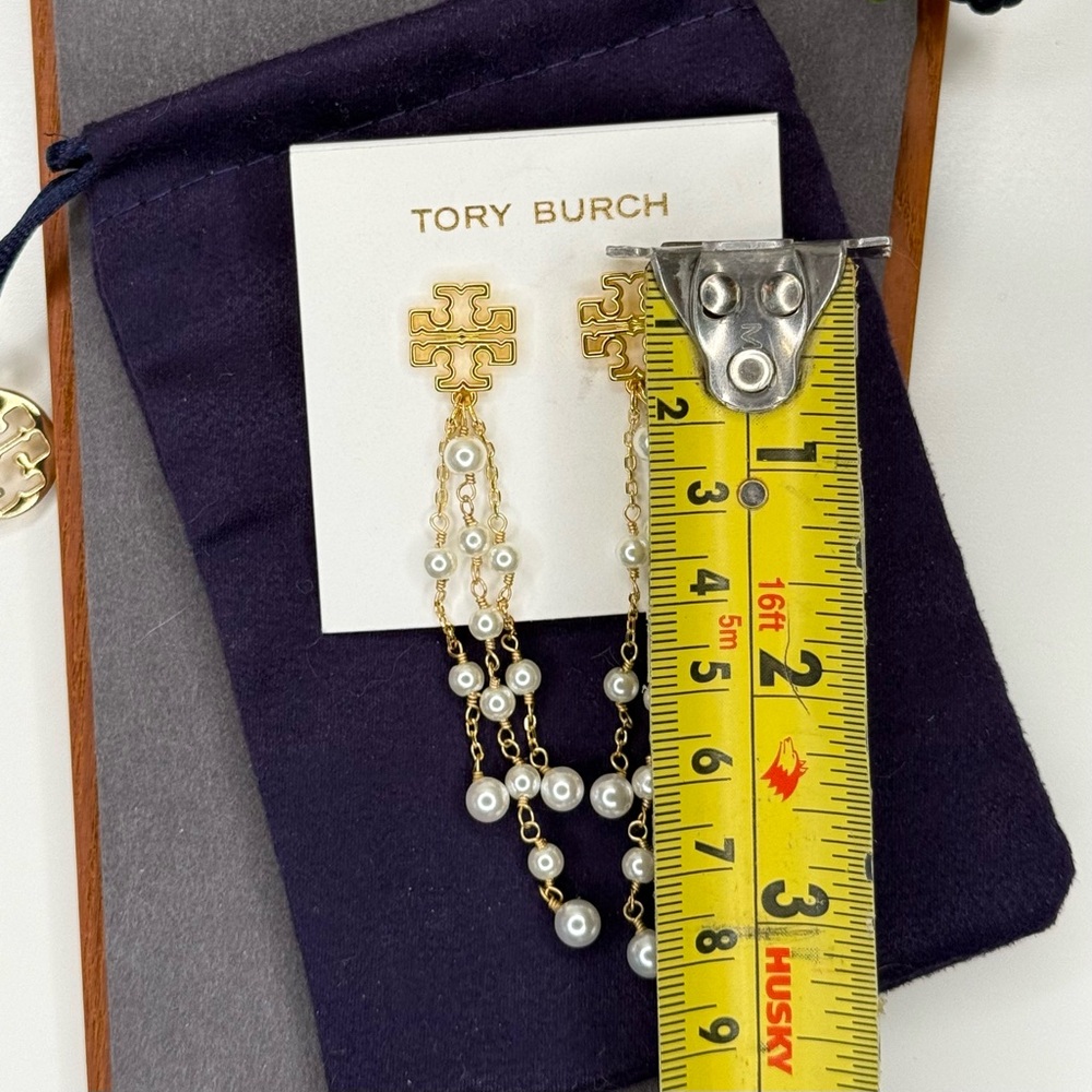 Tory Burch Gold Logo Pearl Tassel Drop Earrings | Statement Dangle - Picture 11 of 12